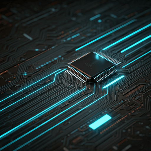 Microscopic view of a futuristic glowing semi-conductor circuit board